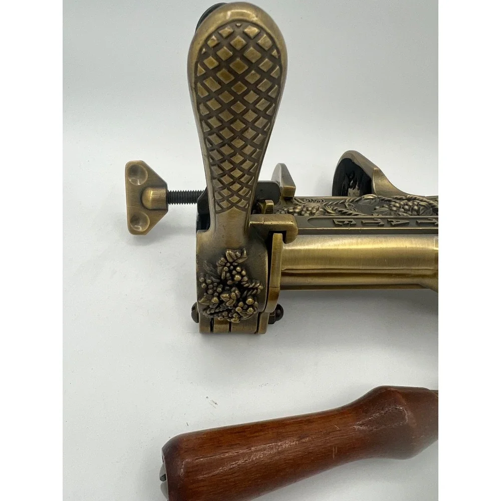 VTG Estate Brass Lever Wine Bottle Corkscrew Wood Handle Table Mount Wine Opener